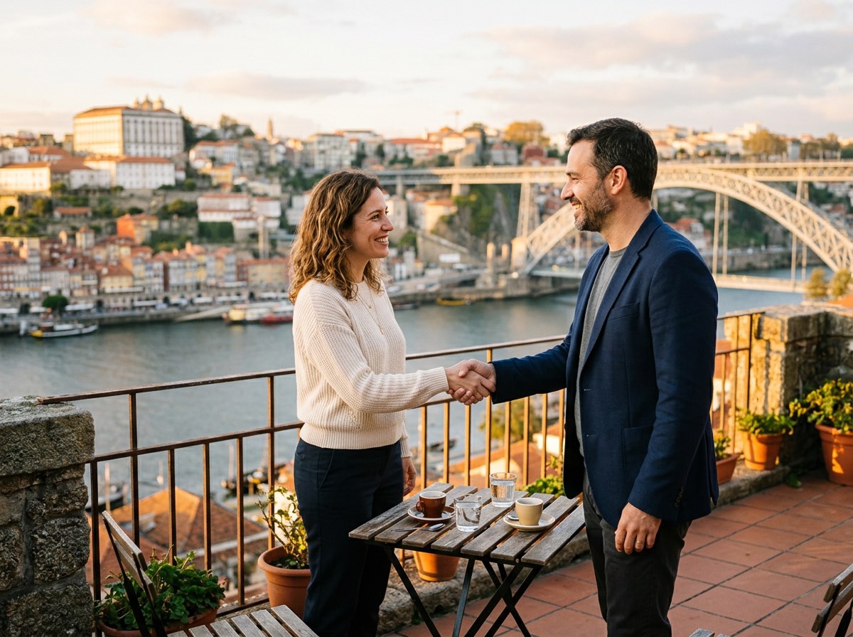 Dois pais apertam a mão num terraço sobre o Douro